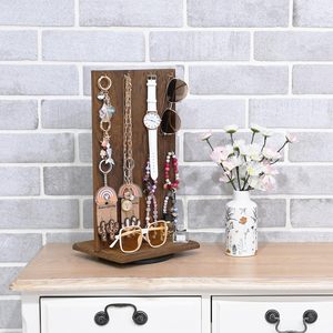 Présentoir à bijoux rotatif à 360° en <span class=keywords><strong>bois</strong></span>, support pivotant pour boucles d'oreilles avec crochets, tour d'organisation rustique pour colliers et bracelets à poser sur table - Product Image 3
