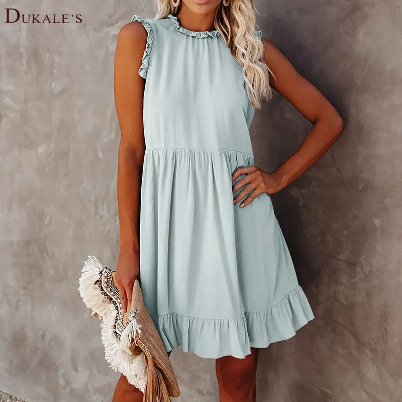 Lässige Sommerkleider für Frauen Niedliche Rüschen ärmel Strand kleid Loose Fit Minirock Flowy Swing Rüschen kleid Großhandel