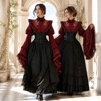 Ensemble 2 pièces Lolita Gothique Sombre pour Femme : Blouse à Manches Hime en Dentelle Rouge Vin et Corset Noir à Baleines, Jupe Longue Maxi – Tenue de Soirée