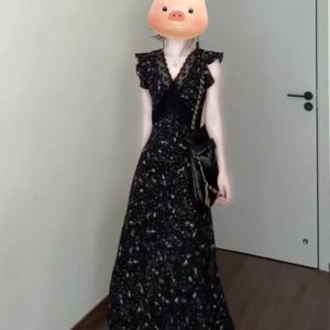 French Style Black V Neck Floral Lace Maxi Dress Women Empire Waist Long Skirt Breathable Summer Evening Dress - Product Image 1