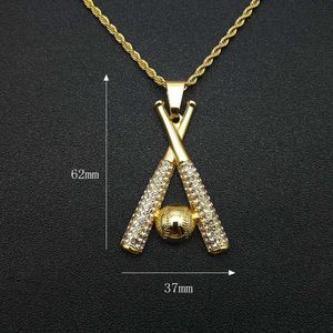 Gold <b>Baseball</b> <b>Bat</b> Pendant Necklace Stainless Steel Chain Pave Setting Hip Hop Jewelry - Product Image 2