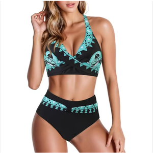 Conjunto de bikini push-up acolchado de cintura alta para mujer 2026 con control de abdomen, cuello halter, material de gasa, estampado hawaiano, ligero, para mayoristas - Product Image 3