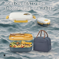 Boîte à lunch AGREON avec sac à lunch, conteneur isotherme anti-fuite de 1100 ml, sans BPA, bleu, avec couvercle et ustensiles intégrés