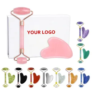 Rose Quartz Jade Roller Gua Sha Set Amethyst Green Pink White Jade Heart Shaped Gua Sha Stone And Face Roller Crystal Guasha Kit