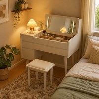 Coiffeuse Moderne Directe avec Miroir Rabattable, Convertible en Bureau, avec Rangement en Commode, Réglable, pour Chambre et Bureau à Domicile