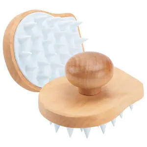Hair Shampoo Brush With Bamboo Rubber Grip Wet And Dry Scalp Care Brush With Soft Silicone Massager