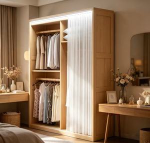Armoire ouverte en chêne naturel de qualité supérieure avec porte à rideau et éclairage LED, organisateur de vêtements suspendus moderne et minimaliste pour chambre à coucher - Product Image 4
