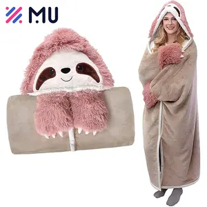 Mantel selimut bertudung berukuran besar, mantel TV pakaian rumah dalam ruangan bahan flanel karton dengan sarung tangan