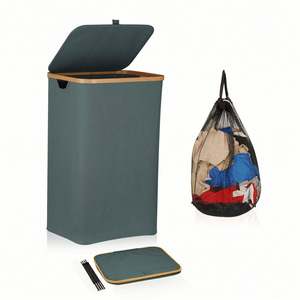 Bamboo Large <b>Laundry</b> Hamper with Lip and Detachable <b>Laundry</b> Bags, Dirty Clothes <b>Basket</b> with Lid & Handles, <b>Collapsible</b> <b>Laundry</b> - Product Image 1