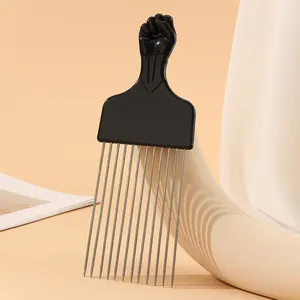 20.3*7.3*1CM Afro Combs Plástico Black Fist Metal óleo cabeça Hair Fork Handle Steel Needle Anti estática Curly Afro Hair Fork Comb