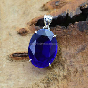 Collar con colgante de piedras preciosas de cuarzo azul de Plata de Ley 925 indio hecho a mano con colgantes de oro Vermeil Charm - Product Image 1