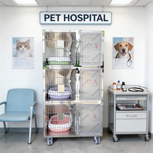 Jaula de Lujo para Gatos de Acero Inoxidable de <span class=keywords><strong>Tres</strong></span> Niveles con Divisiones y Bandejas, Adecuada para Hospitales Veterinarios, Cuidado Temporal y Uso Doméstico - Product Image 3