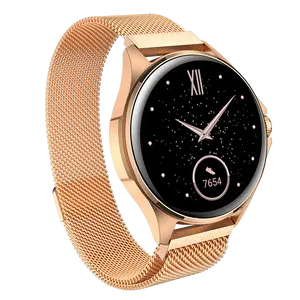 Jam tangan pintar wanita, jam tangan pintar perempuan emas mawar notifikasi pesan bulat panggilan bluetooth 1.32 inci AMOLED Wanita Mode mewah