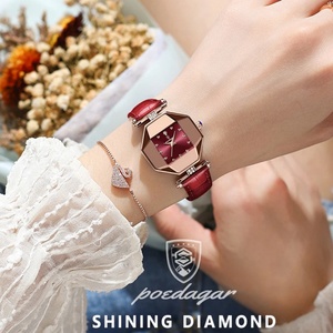 POEDAGAR Women Watches Fashion Square Diamond Wine Red Leather Quartz Watch Luxury Rose Gold Waterproof Ladies Wristwatch Gift - Product Image 5