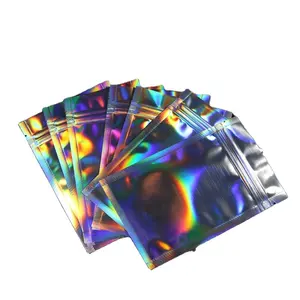 Custom Printed Smell Proof Clear Front Holographic Rainbow Color Resealable Plastic Packaging Mylar Bags