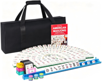 Jeu de Mahjong Américain Moderne 166 Tuiles Sac Fourre-tout en Toile 4 Supports Dés Jetons Cartes de Score Jeu de Divertissement Portable