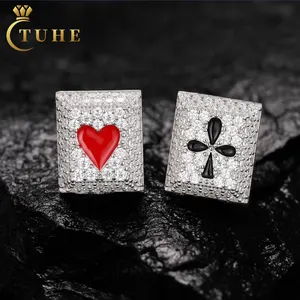 Pass Diamond Tester Moissanite Poker Stud Boucles d'oreilles Or blanc Argent sterling 925 Lab Mossanite Émail Coeur rouge et Club noir