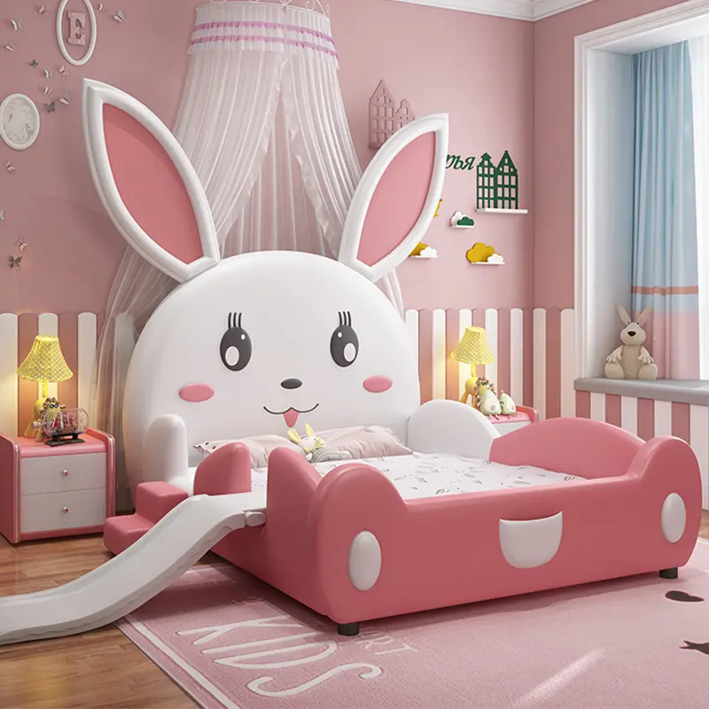 โมเดิร์นเด็กเฟอร์นิเจอร์ห้องนอนสร้างสรรค์กระต่ายรูปร่างไม้กรอบทารกเกรดซิลิโคนหนังขาโลหะเตียงเด็ก