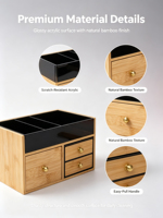 Organisateur de bureau en bambou, boîte de rangement de bureau en acrylique noir, boîte de rangement pour papeterie, cosmétiques et maquillage pour la maison, le bureau ou la commode