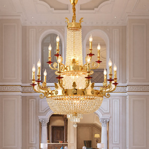 Lustre en cristal Empire français sur mesure, grand, de luxe, doré, avec bras porte-bougie et paniers, pour villas, halls d'hôtels et projets à plafonds hauts - Product Image 1