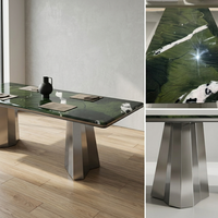 Table à manger de luxe en marbre vert émeraude botanique, moderne, écologique, faite à la main, avec base en acier inoxydable, mobilier pour la maison