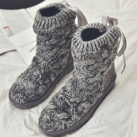 Bottes de neige montantes tricotées pour femmes, avec nœud, chaudes, en peluche, bottines d'hiver antidérapantes à semelle plate, chaussures tendance en mélange de laine