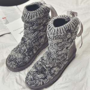 Stivali da Neve Alti da <span class=keywords><strong>Donna</strong></span> in Maglia con Fiocco, Caldi e Felpati, <span class=keywords><strong>Stivaletti</strong></span> Invernali Antiscivolo con Suola Piatta, Scarpe alla Moda in Misto Lana - Product Image 4