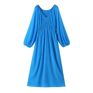 TAOP&ZA2023 new autumn blue V-neck solid color waist tie holiday style loose chiffon dress for women wholesale