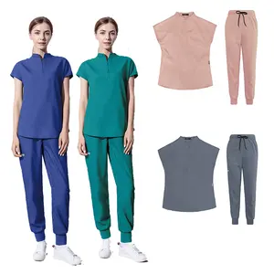 Best qualtity elastic stretchy nurse uniform scrubs suits doctor hospital uniforms sets top jogger pants scrubs suit