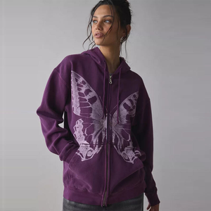 <span class=keywords><strong>Felpa</strong></span> <span class=keywords><strong>con</strong></span> Cappuccio Vintage Y2K <span class=keywords><strong>con</strong></span> Stampa di Farfalle, Oversize, Sbiadita, <span class=keywords><strong>con</strong></span> Zip, Stile Grunge Streetwear per Donne - Product Image 3