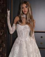 Robe de mariée Mily Bridal MHL426, coupe trapèze, épaules dénudées, manches longues, dentelle, pour cérémonie civile, pour la mariée