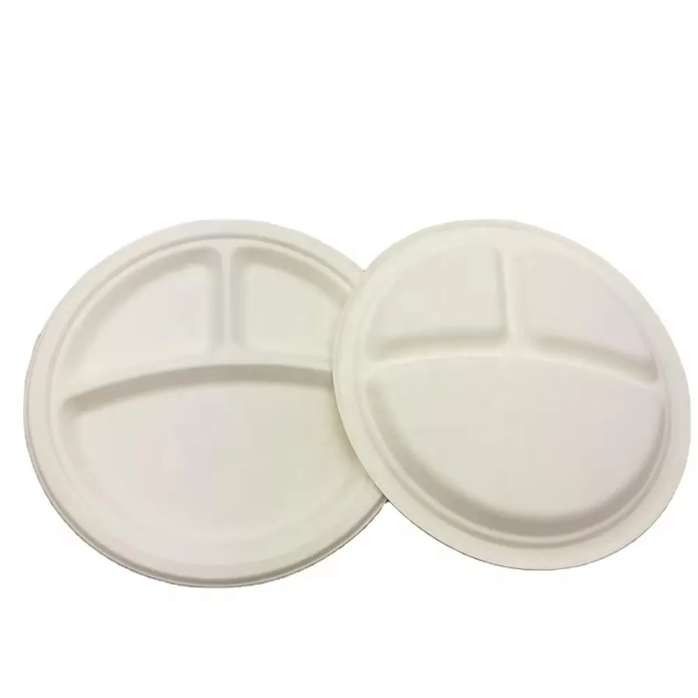Eco-friendly 9 Inch Biodegradable Compostable 3-Compartment Round Plate Paper Pulp Dinner Plate
