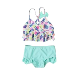 OEM logo AOP sublimated print kids girls swimming tankini top with bow and solid color beach brief with frill at leg opening