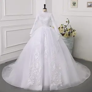 Hot Sale High Neckline Long Sleeve Beaded Mermaid Bridal Gowns Court Train Simple Lace Appliqued Wedding Dress