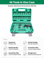 Clé à cliquet 72T, ensemble d'outils mécaniques 46 pièces, kit complet de douilles et de embouts pour usage domestique et automobile