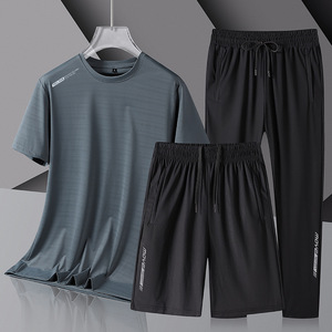 <span class=keywords><strong>Conjunto</strong></span> <span class=keywords><strong>Deportivo</strong></span> de Tres Piezas para <span class=keywords><strong>Hombre</strong></span> de Seda de Hielo Transpirable de Secado Rápido con Camiseta de Manga Corta, Shorts y Pantalones para Gimnasio - Product Image 1
