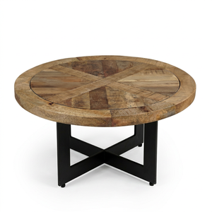 Table de salle à manger ronde rustique en bois massif pour six personnes avec pieds en métal noir, table d'appoint centrale pour la décoration intérieure de ferme, d'hôtel ou de maison - Product Image 1