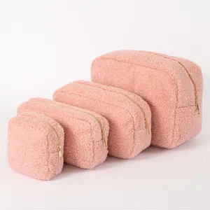 2023 Terry Cloth Teddy Soft Fabric Travel Makeup Bag 4 Size S M L XL Terry Towel Cosmetic Bag Velvet For Women