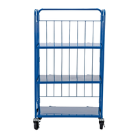 Chariot de service à trois niveaux en fil métallique, avec filet de protection anti-chute et roues à frein silencieux, pour le transport logistique