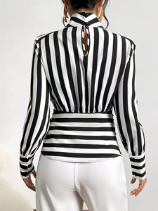 Tendenza Moda Autunnale: <span class=keywords><strong>Camicia</strong></span> da Donna a Righe Contrastanti con Colletto a Sciarpa Retrò, Maniche Lunghe, Elegante - Product Image 6