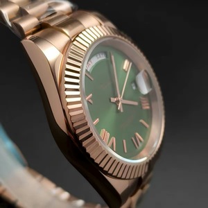 41mm <b>Mens</b> <b>Watch</b> With Fluted Bezel Rose <b>Gold</b> <b>Solid</b> Steel Case Sapphire Crystal Green Dial Fit 8285 Movement - Product Image 2