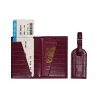 Ensemble porte-cartes et étui de passeport en cuir PU gaufré crocodile bordeaux pour femme, avec étiquette de bagage en cuir synthétique et coffret cadeau