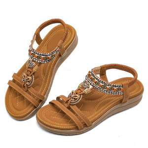 Sandalias de <span class=keywords><strong>Mujer</strong></span>, Planas para Caminar, Sandalias de Playa de Verano, con Soporte de Arco, Zapatos Casuales Elegantes, con Correa Elástica en el Tobillo, Zapatos Bohemios con Joyas - Product Image 2
