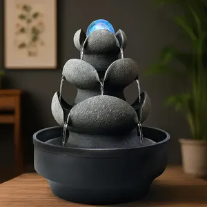 Vendita calda 3-Tier Zen Rock Desktop fontana galleggiante con LED sfera di cristallo, resina nera cascata arredamento per l'ufficio e la casa - Product Image 5