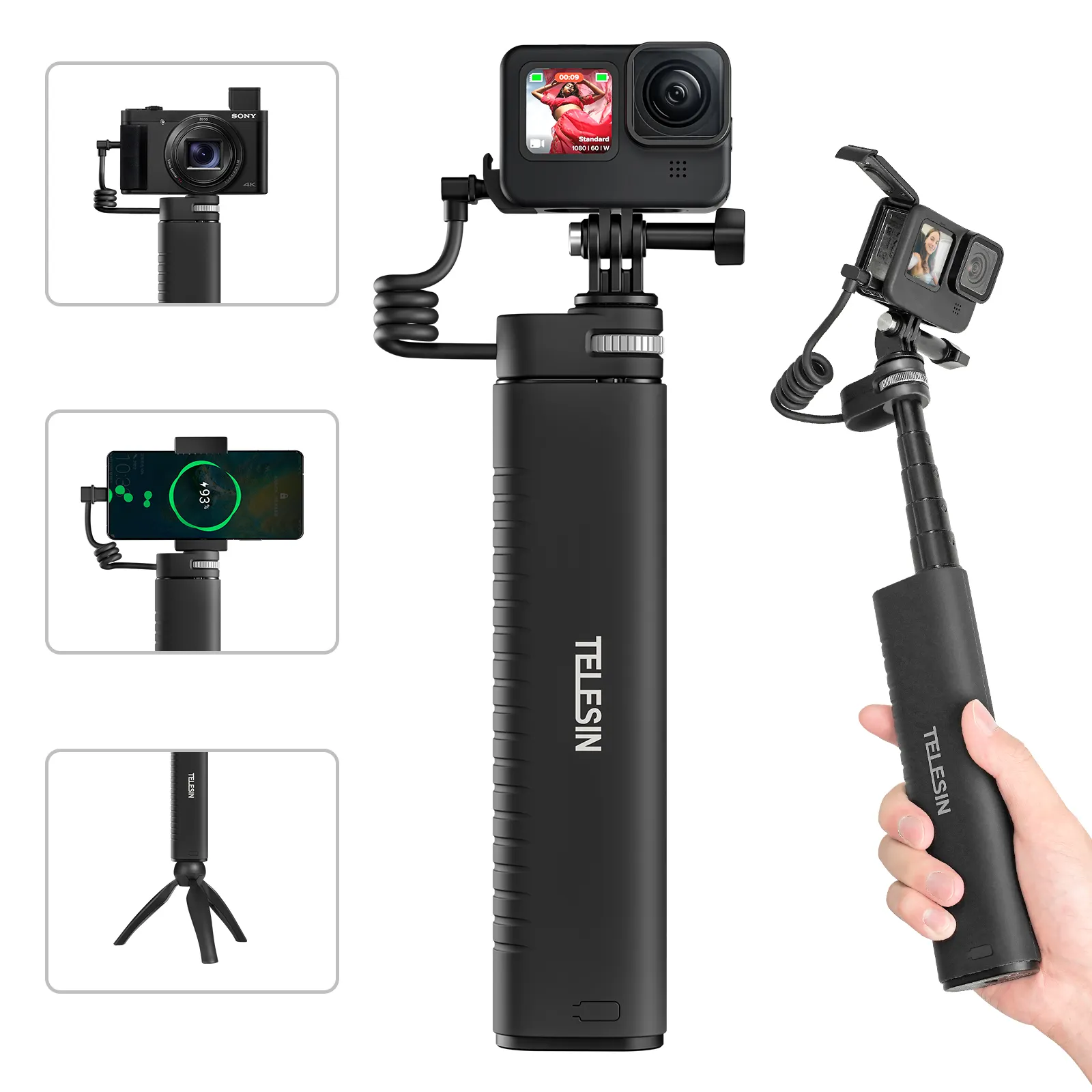 Telesin Power Bank Power Hand Grip Selfie Stick for GoPros, DJI and Insta360 action cameras and mobile phones