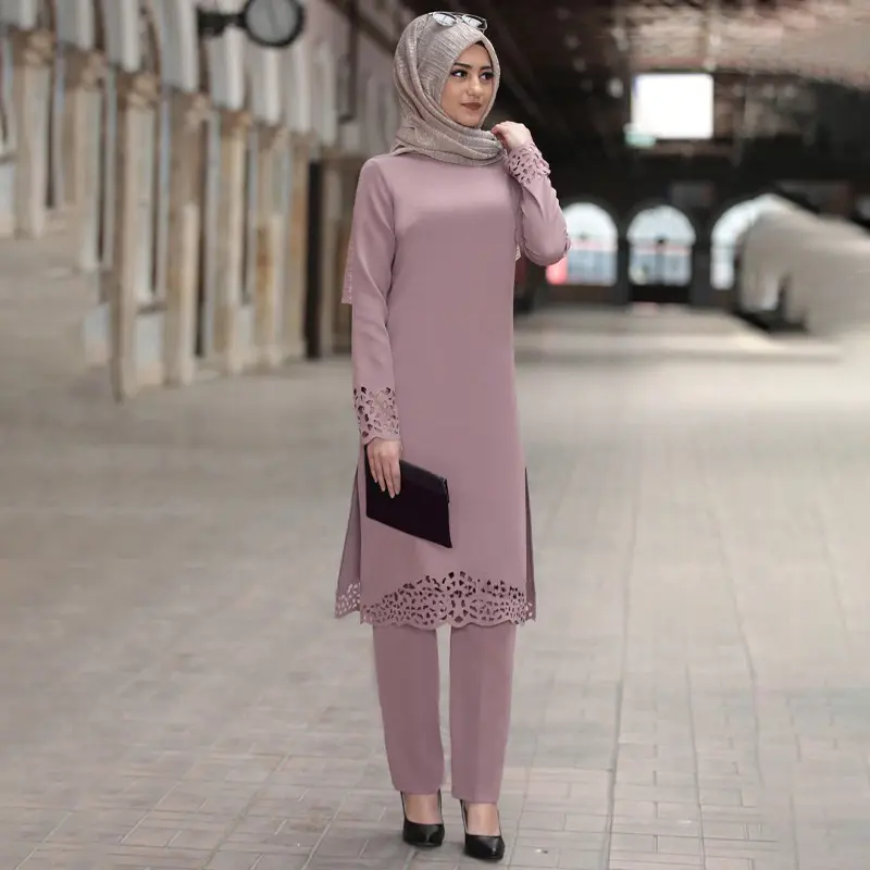 YIWU XINYU Latest Fashion Silk Satin Muslim Dresses Long Sleeve Dubai 2 piece set women Abaya muslim women two piece set suit