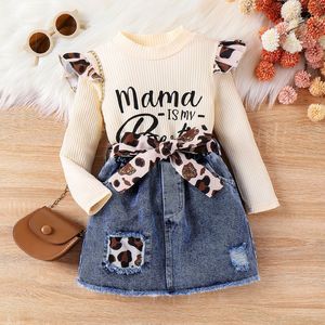 Abbigliamento Autunno-Inverno per Bambine Europee e Americane da 4-7 Anni, Set con Top in Cotone e Gonna in Denim con Stampa Leopardata - Product Image 2
