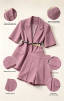 Ensemble tailleur short et blazer rose poudré pour femme 2026, avec ceinture, coupe ajustée, style urbain, 100 % coton, écologique