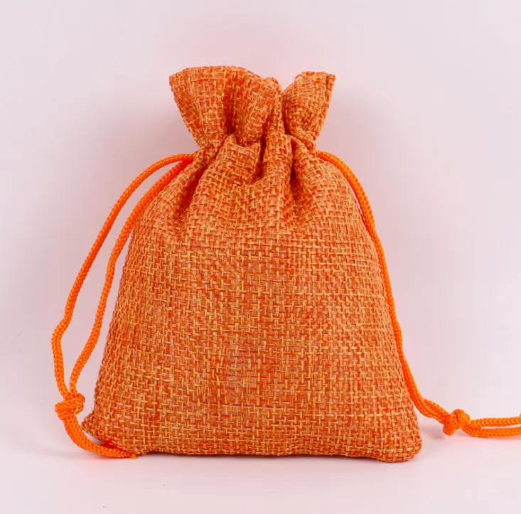 Bolsa de linho de juta orgânica lisa em estoque, sacola pequena reutilizável com cordão de cânhamo, sacola para joias, bolsas para presente