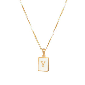 18k PVD Gold Stainless Steel Rectangular <b>Initial</b> Letter Pendant <b>Necklace</b> | White Shell Inlay, Waterproof Jewelry for Women - Product Image 1